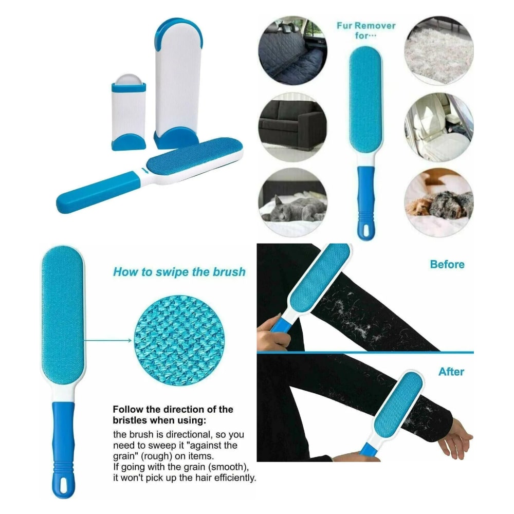 Reusable pet hair lint brush set with blue cleaning pads and white storage base
