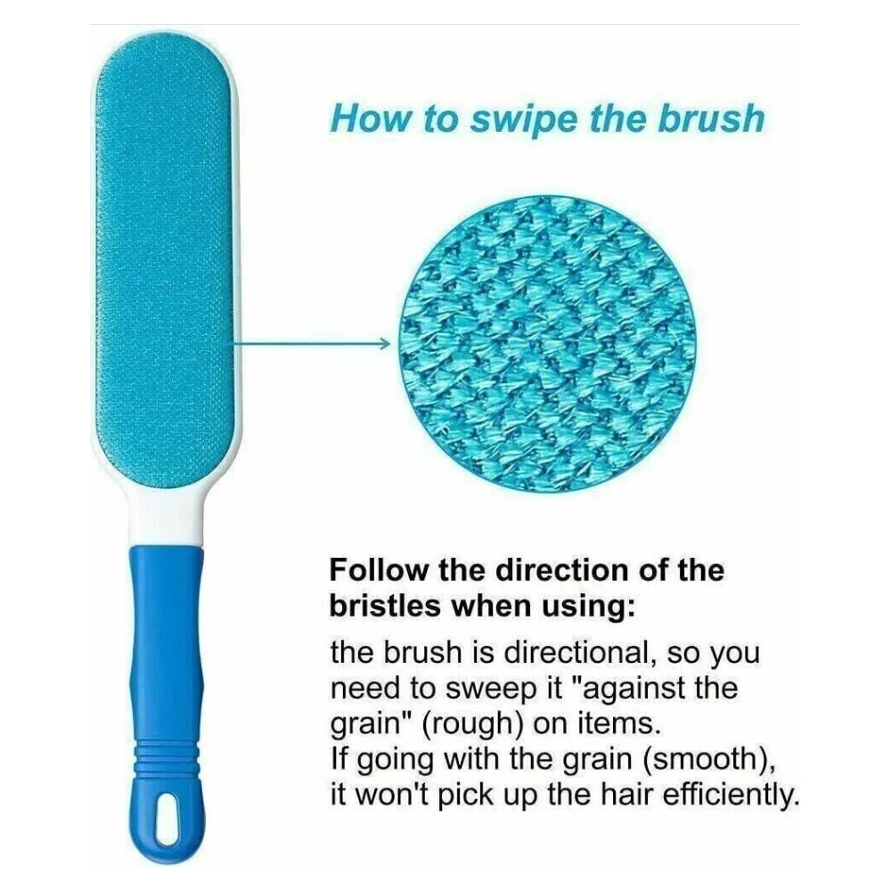 Reusable pet hair lint brush showing blue directional bristle-like cleaning surface
