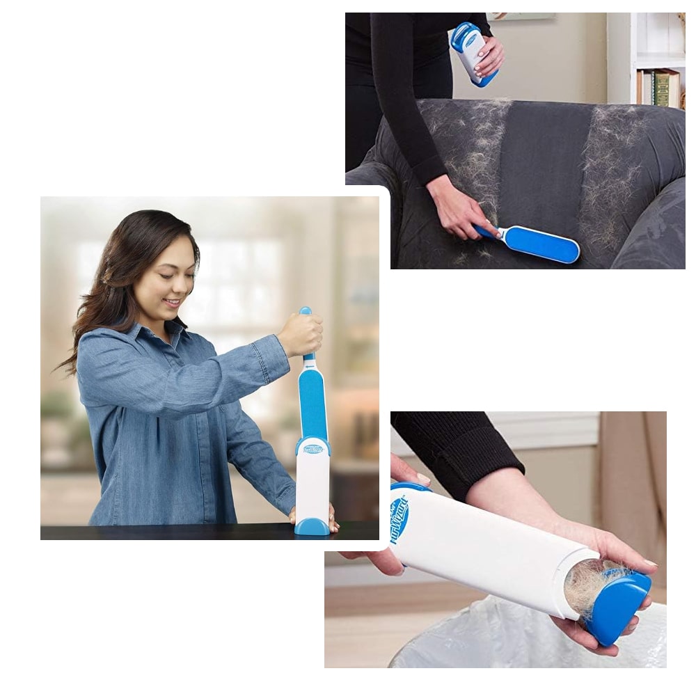 Collage of a woman using a pet hair removal tool on furniture and clothing.
