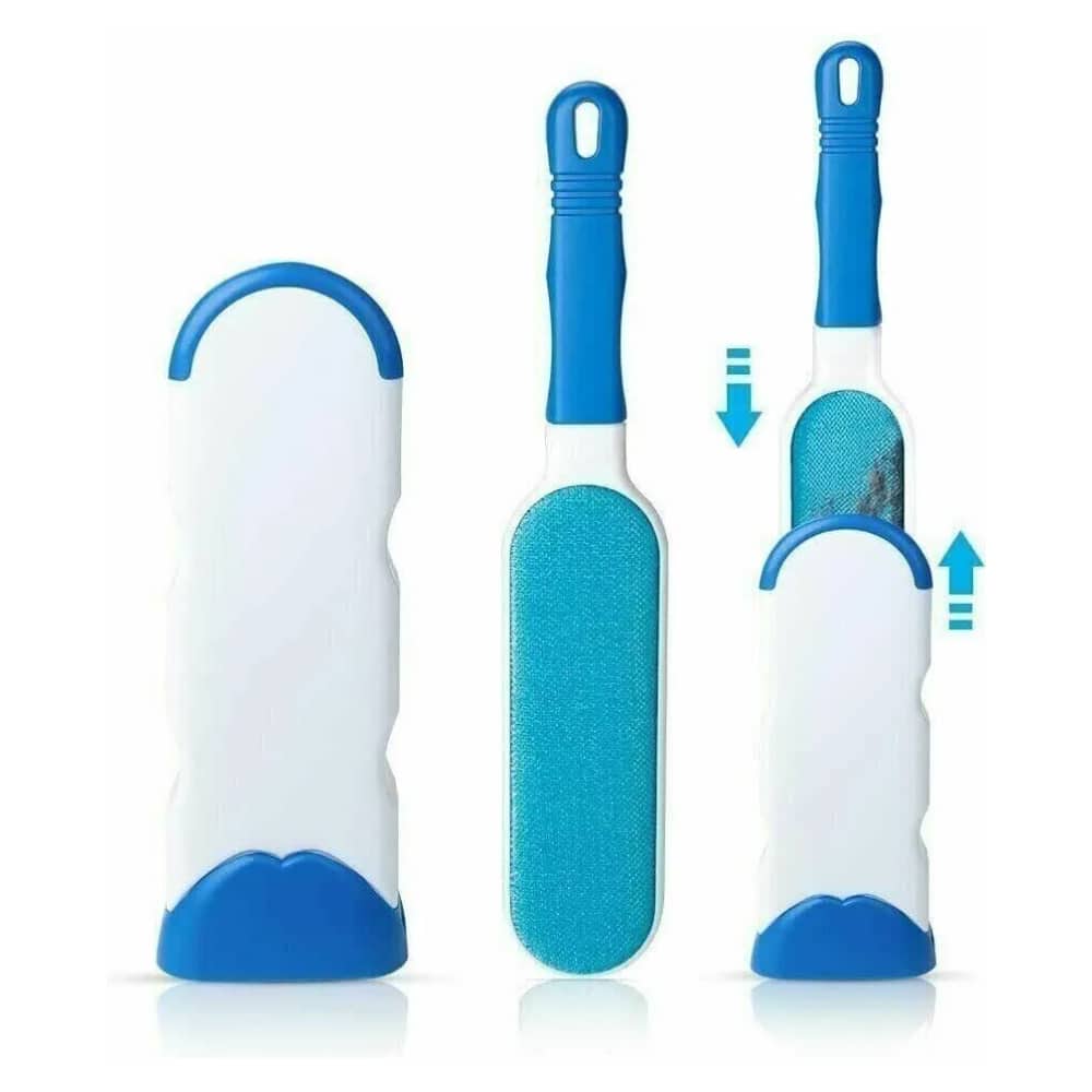 Reusable pet hair lint brush with white base and blue handheld cleaner pad