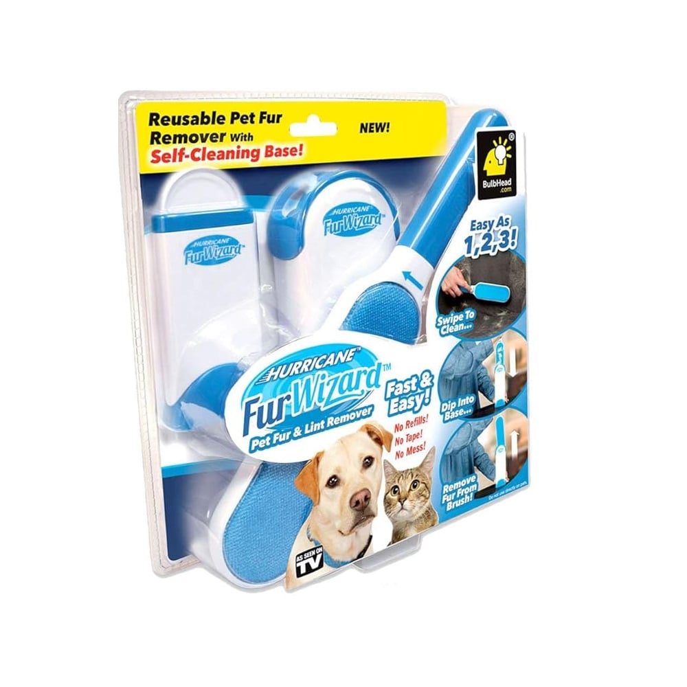 Reusable pet hair lint brush in retail packaging, blue and white brush with pad