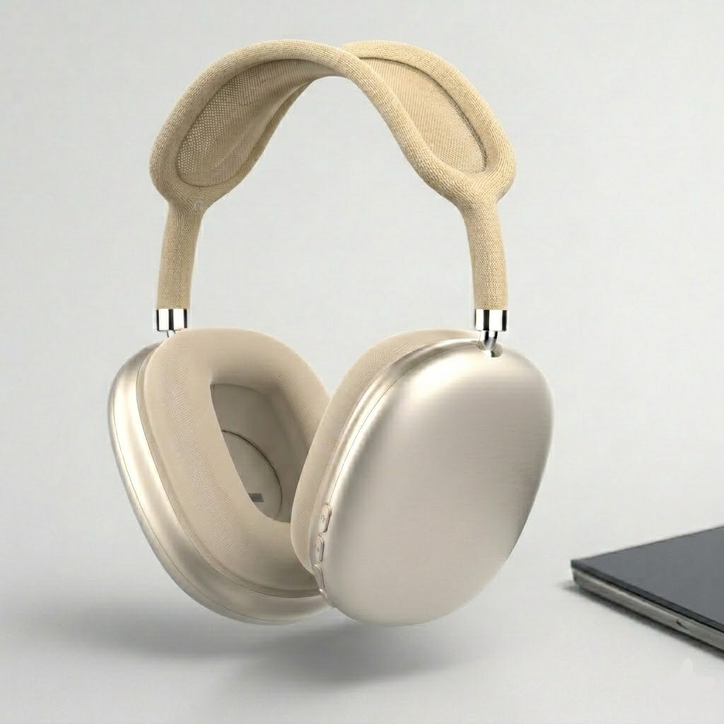 Beige over-ear noise cancelling Bluetooth headphones with soft cushioned pads