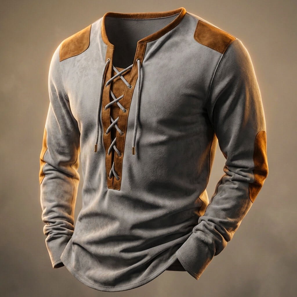 Lace-up contrast henley shirt, slate gray color view