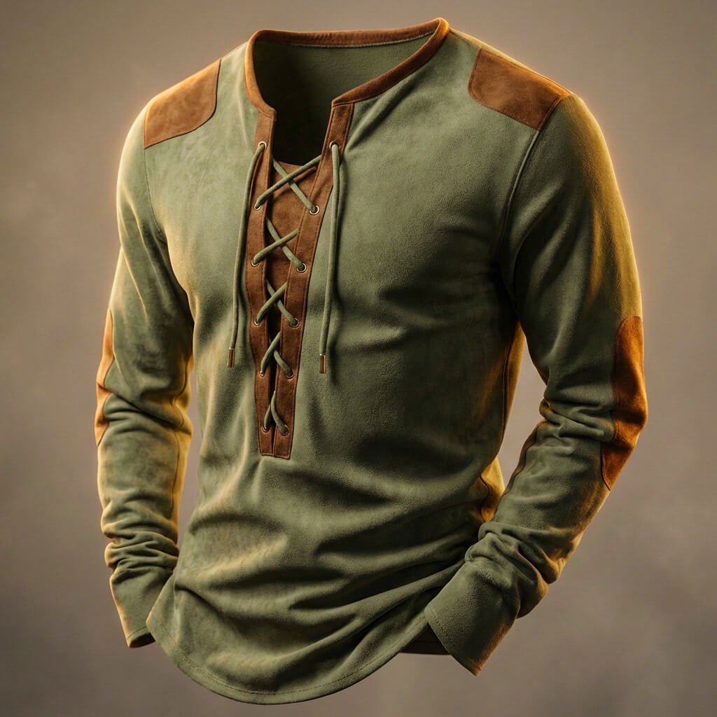 Lace-up contrast henley shirt, pine green color view