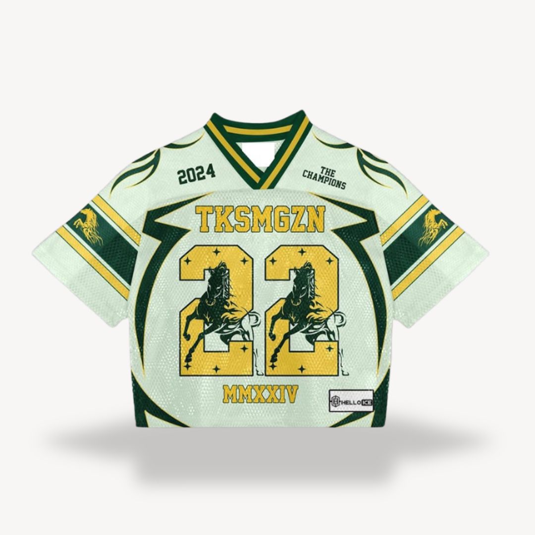 Green V-neck short sleeve jersey shirt with bold yellow number-style front and team logos