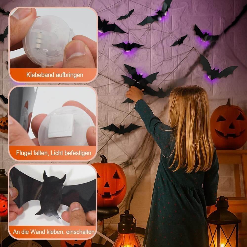 LED Halloween wall decor installation on wall with glowing bat and spider decals