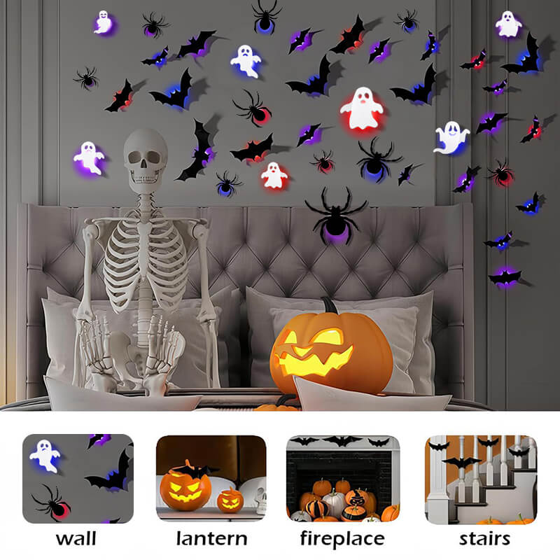 LED Halloween wall decor set with glowing bats, ghosts, spiders, and skull design