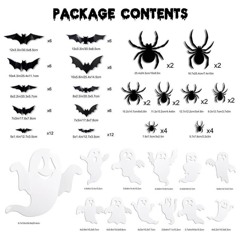 Halloween LED wall decor package contents with bat, ghost, spider and skull pieces
