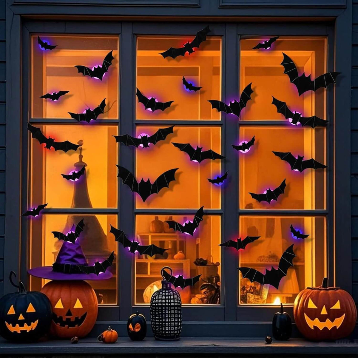 LED Halloween window wall decor with glowing bats silhouettes and hanging spiders