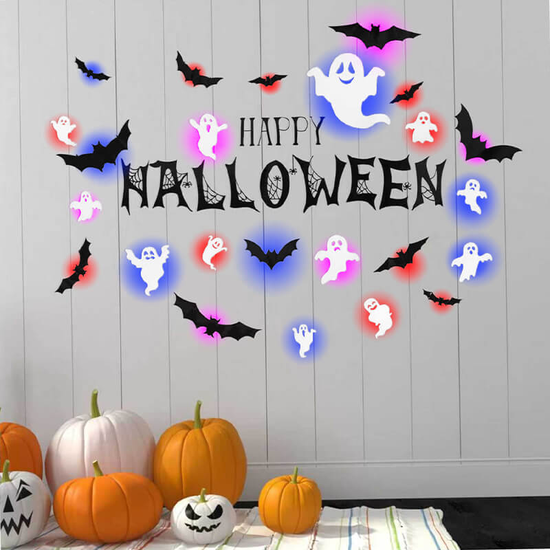 Happy Halloween LED wall stickers with glowing ghosts, bats, and spider figures