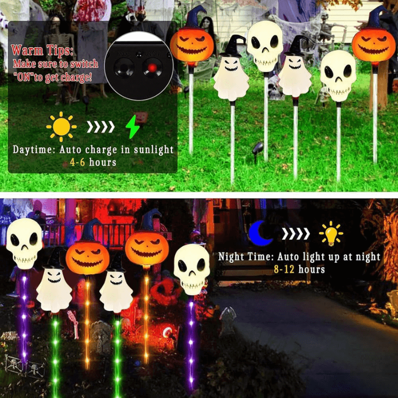 Halloween ground lights with multicolor glow pumpkin and skull figures on stakes in grass