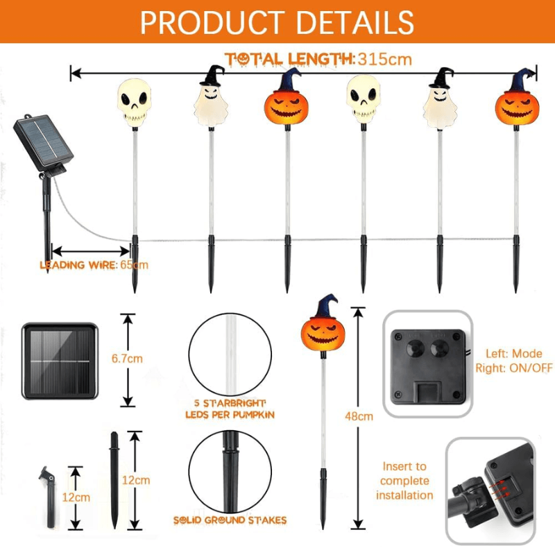Solar ground lights parts diagram: solar panel, stakes, and pumpkin skull ghost LED heads