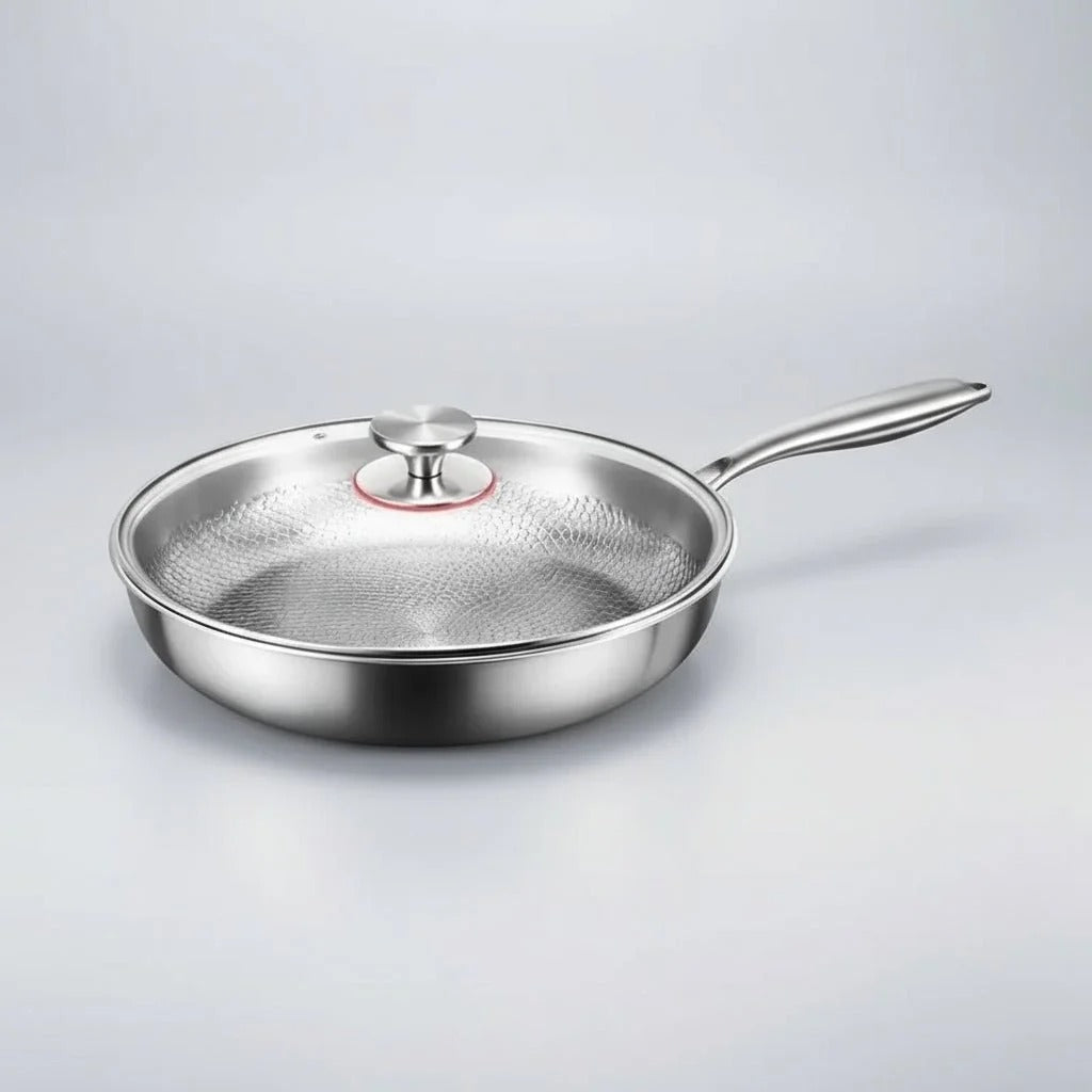 Hammered titanium frying pan with matching lid and long handle