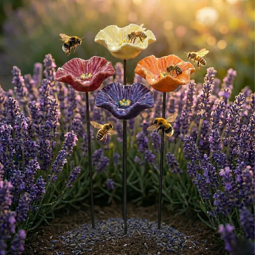 Decorative flower lights with bees on stands in a lavender field