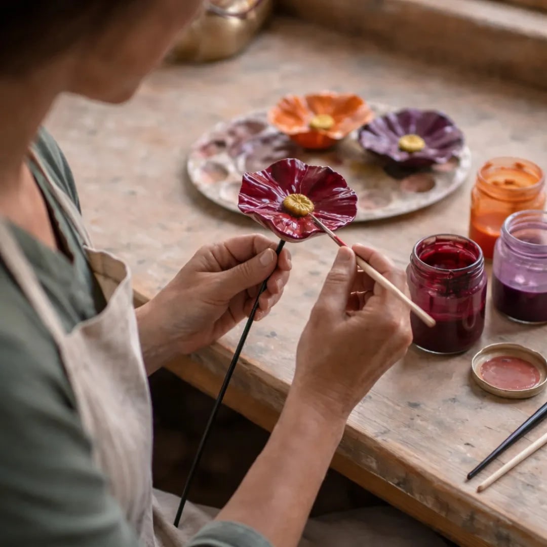 Person painting a ceramic flower on a wooden table with art supplies.