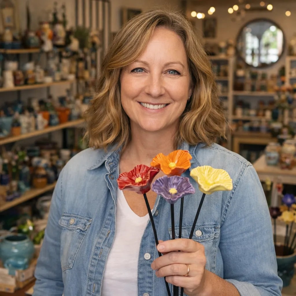 Woman holding colorful flower sculptures in a store setting