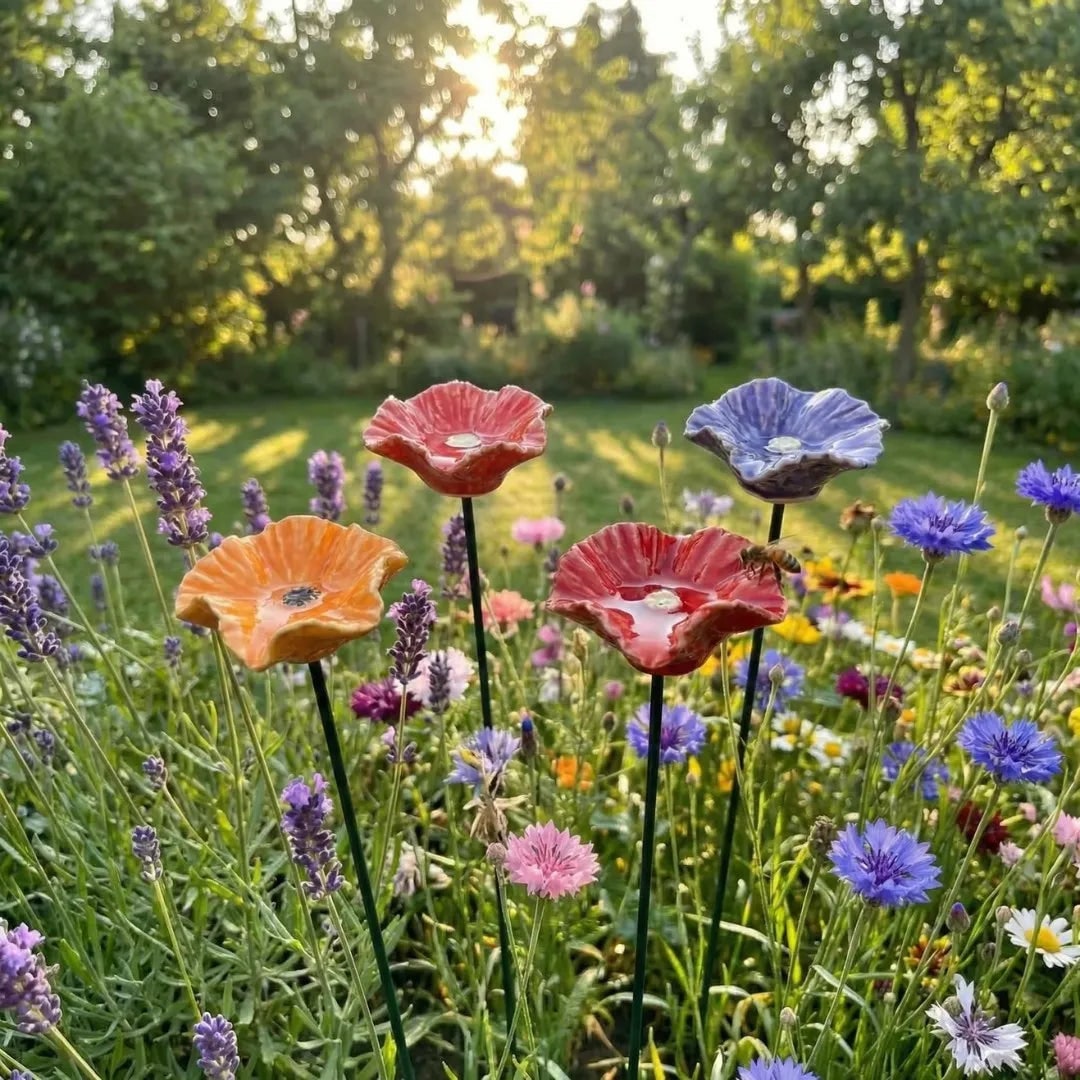 Colorful ceramic flowers in a garden setting with greenery and sunlight.