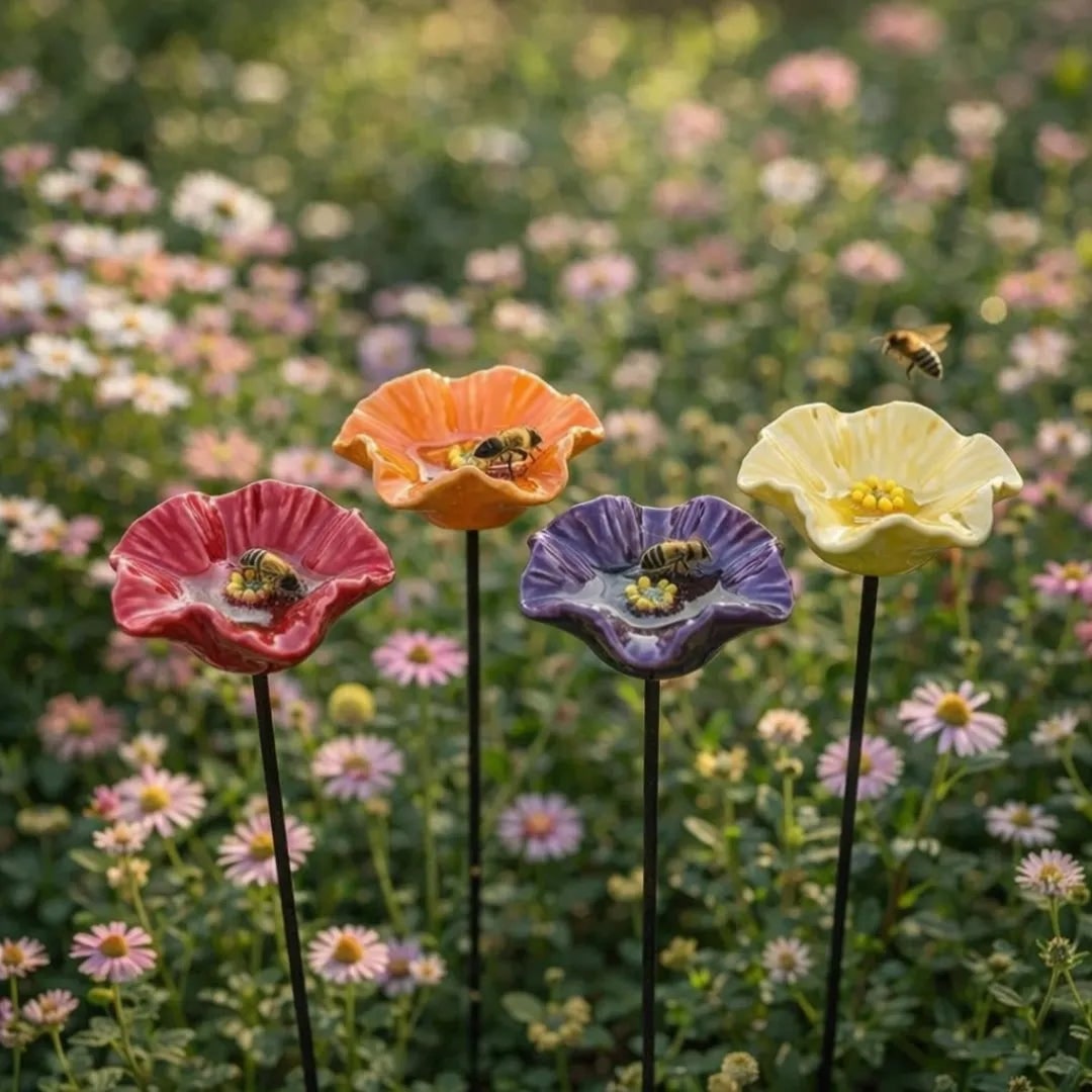 Colorful ceramic flower-shaped garden stakes with bees on a blurred garden background