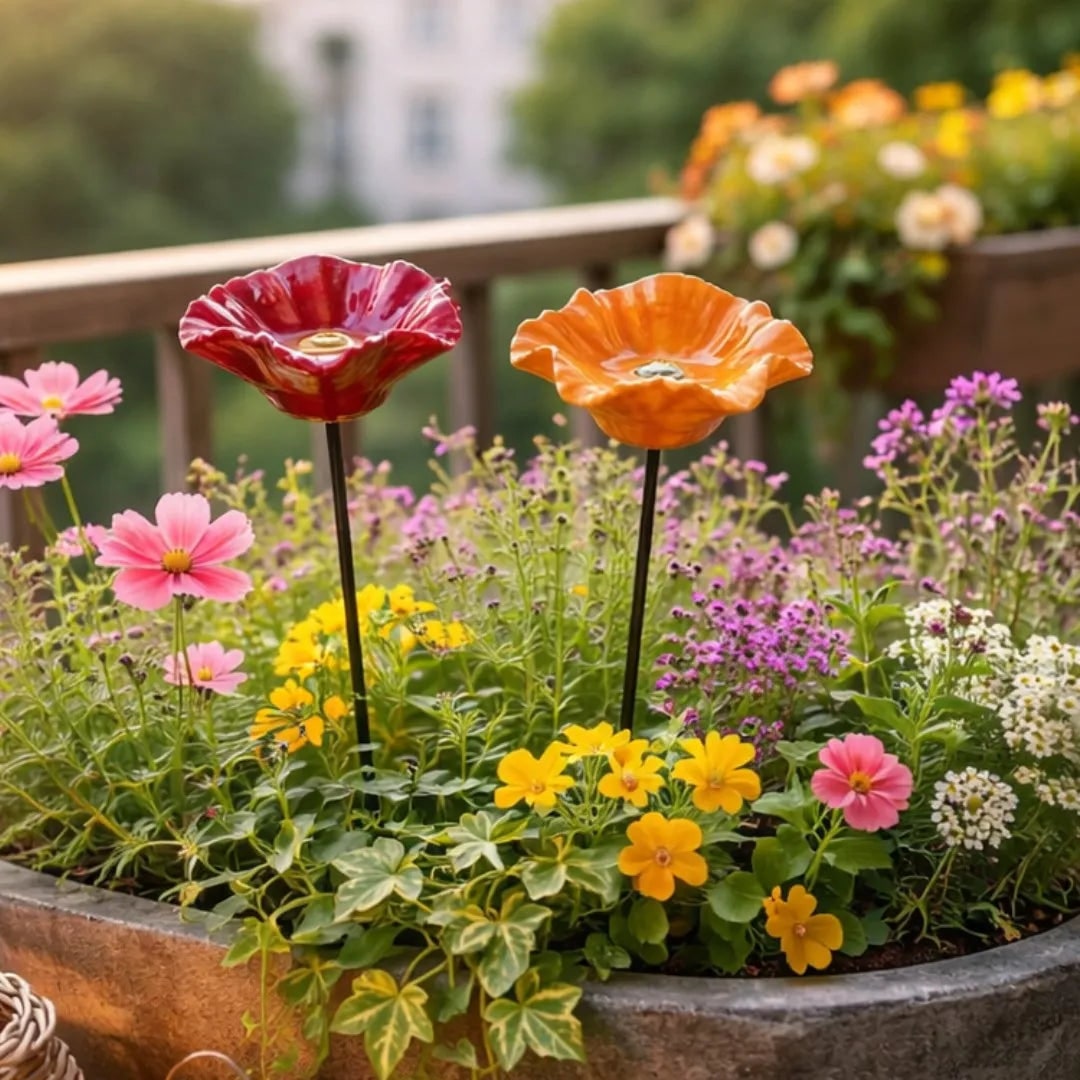 Decorative garden lights in a pot with flowers on a balcony