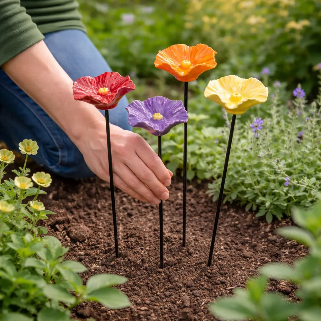 Colorful flower-shaped garden markers being planted in the ground with a person's hand.
