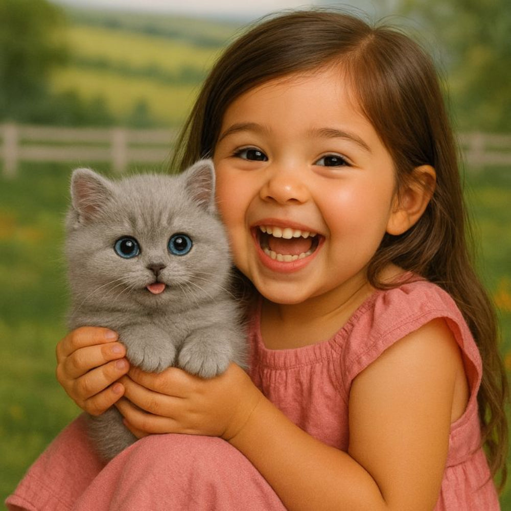 Grey plush robot kitten toy held by a smiling child, blue eyes and orange nose