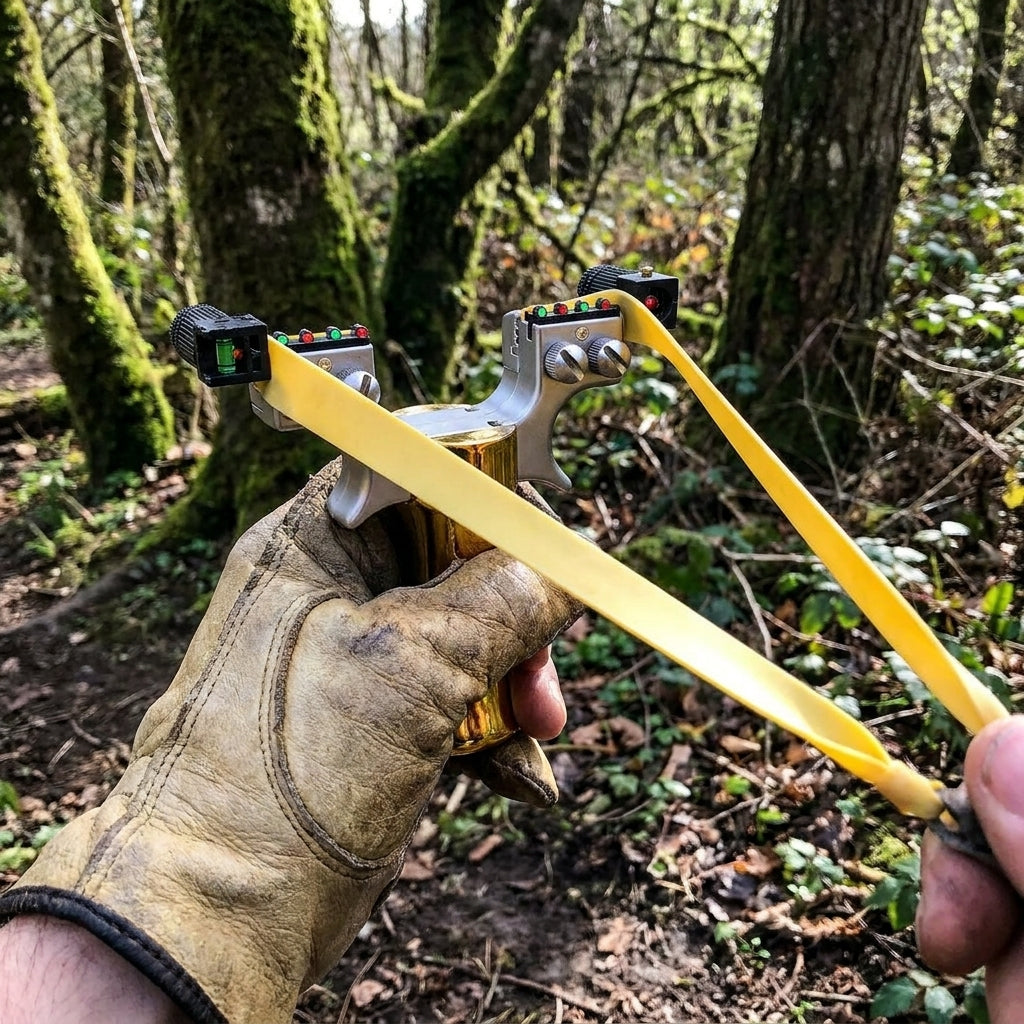 Outdoor hand-held laser slingshot with yellow bands and silver metal frame