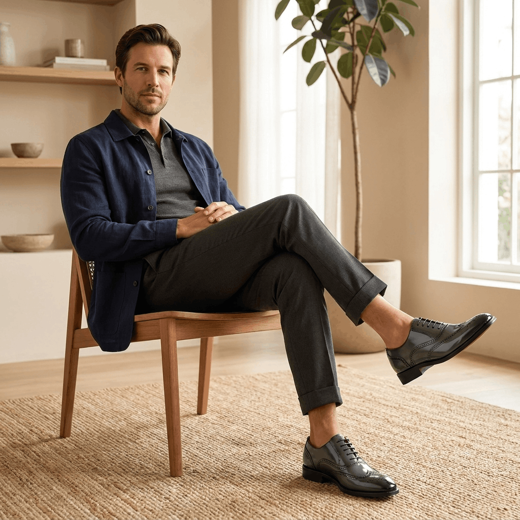 Classic wingtip oxford shoes, additional worn view