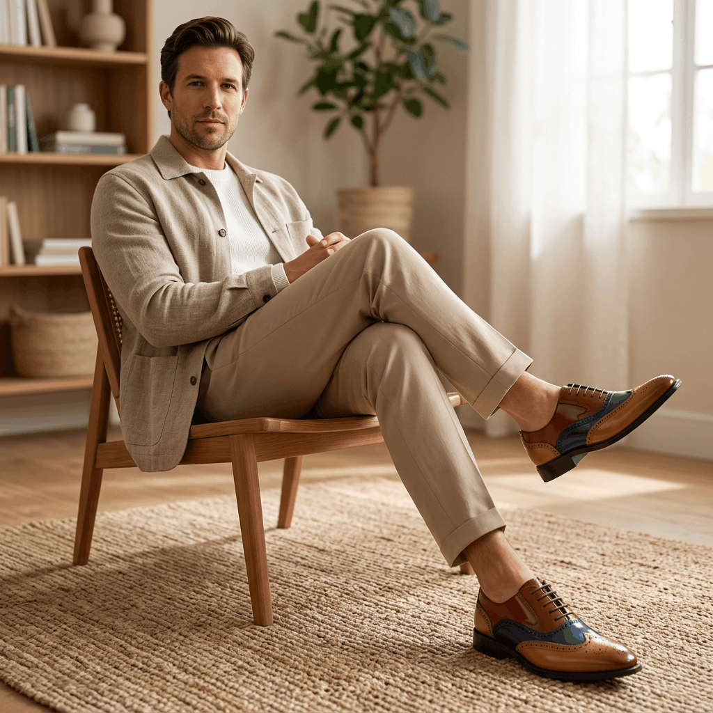 Classic wingtip oxford shoes, worn front view