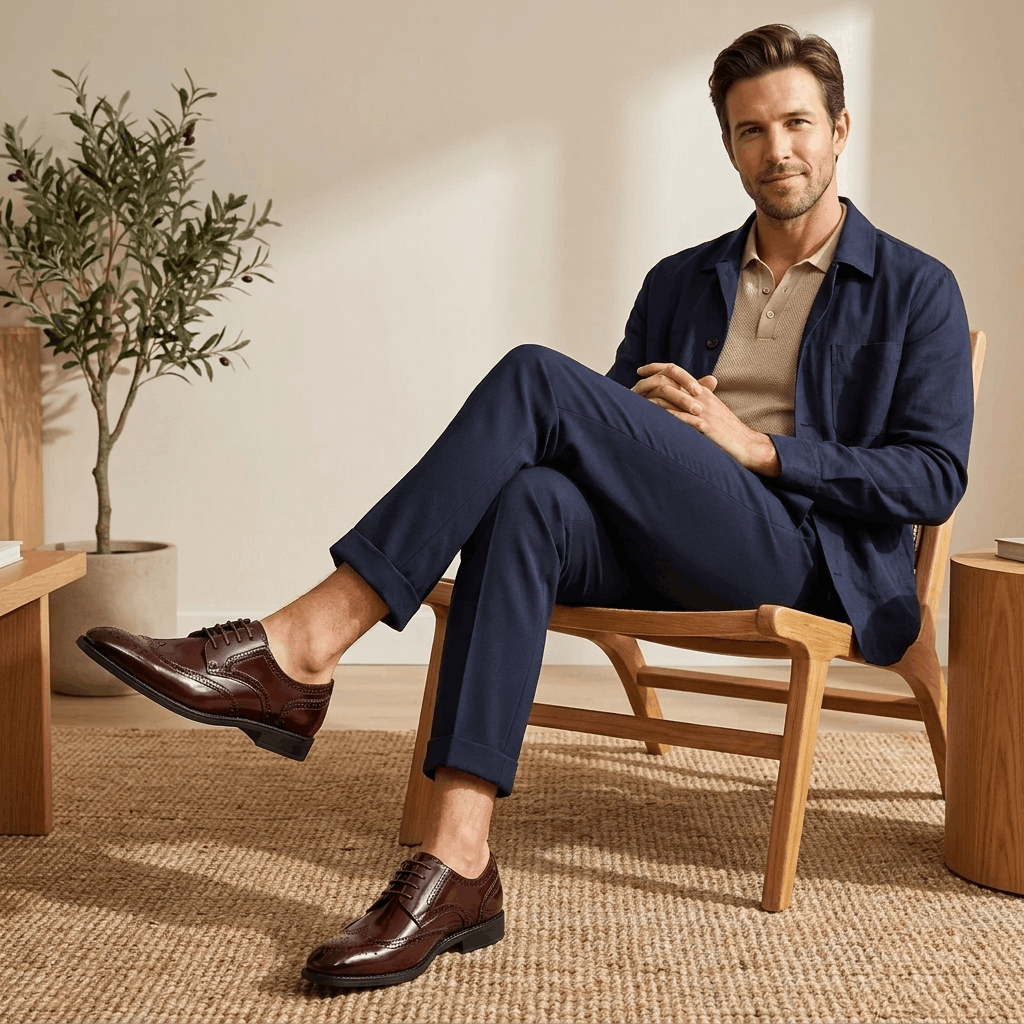 Classic wingtip oxford shoes, additional worn view