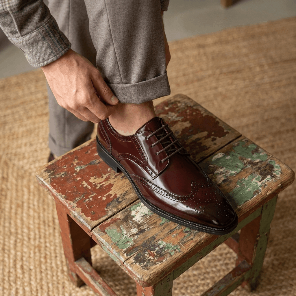 Classic wingtip oxford shoes, worn side view