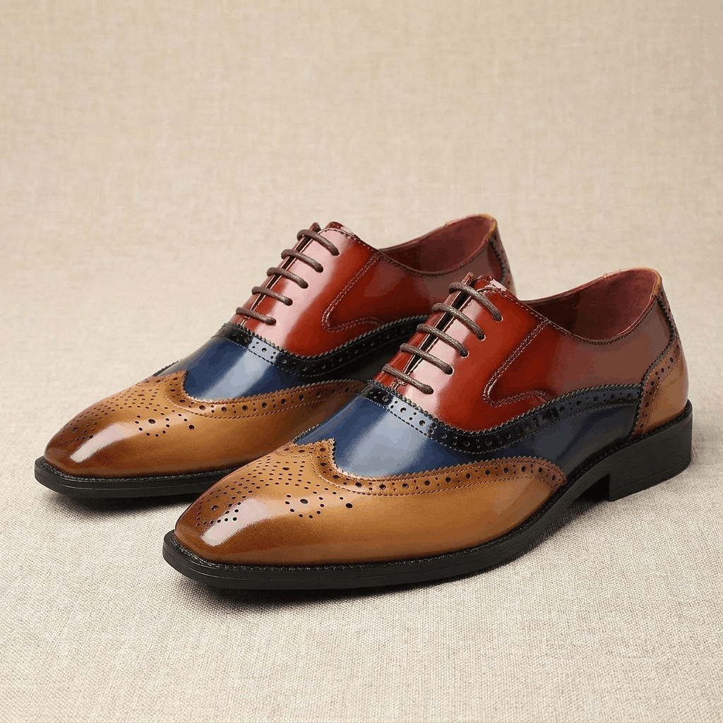 Classic wingtip oxford shoes, styled front view