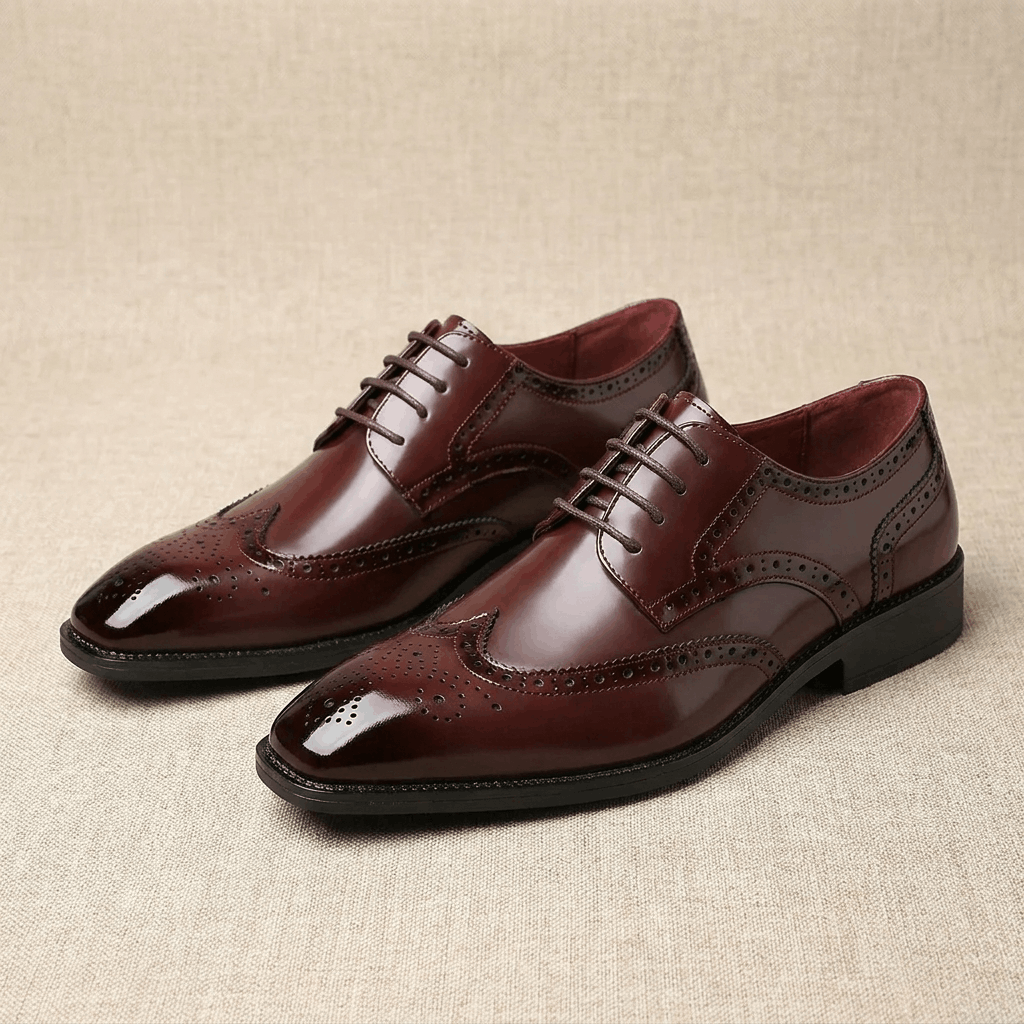 Classic wingtip oxford shoes, texture close-up
