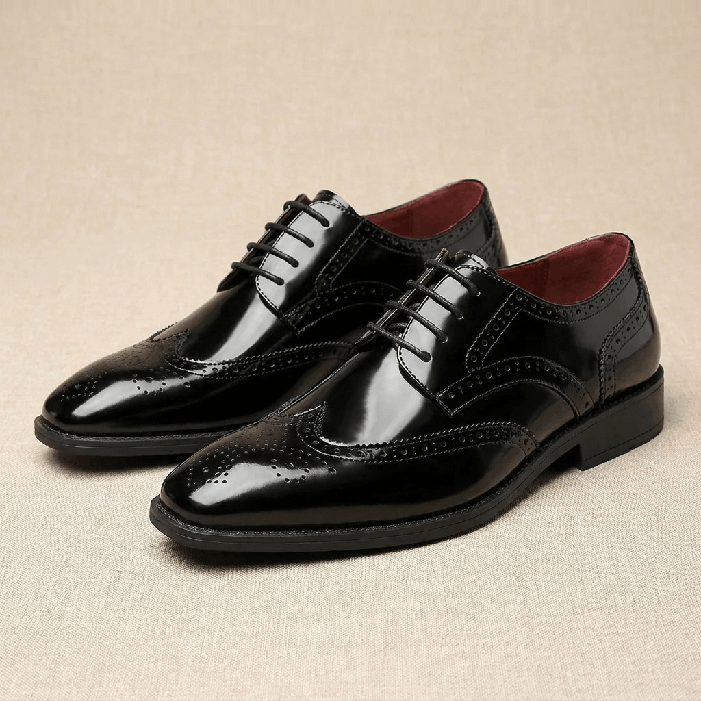 Classic wingtip oxford shoes, full look styled view