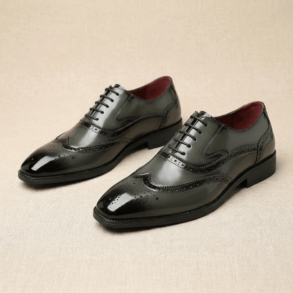 Classic wingtip oxford shoes, texture close-up