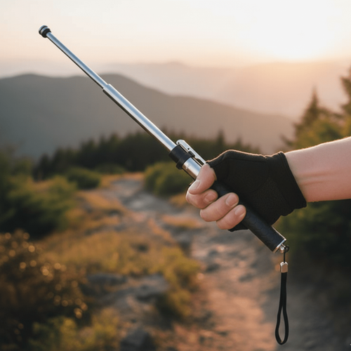 Hand holding a metal rod with a sunset and mountain background