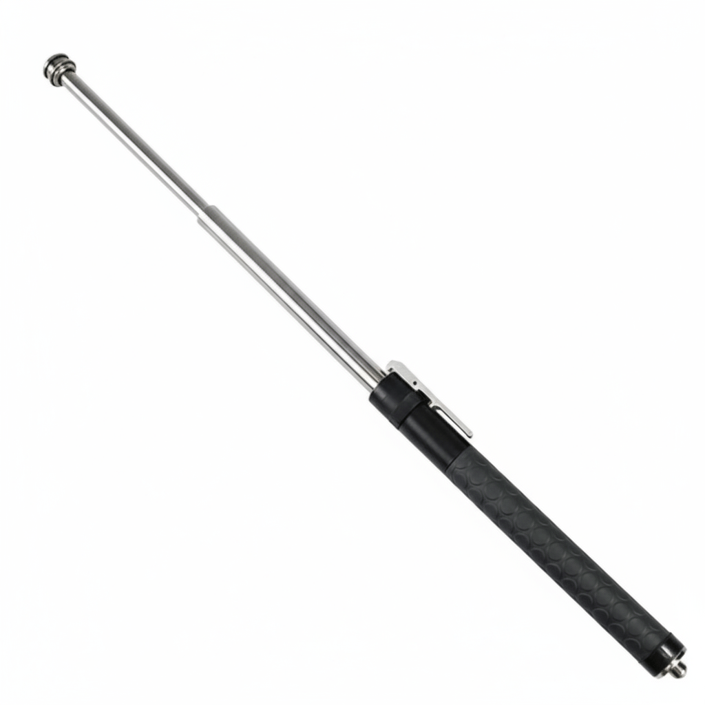 Telescopic metal rod with black handle on a white background