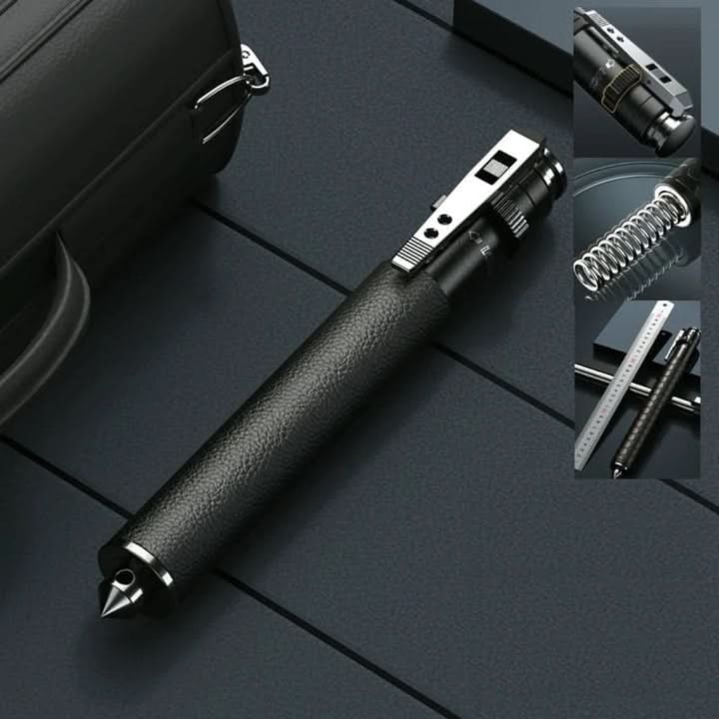 Black pen with metallic accents on a dark surface, surrounded by close-up insets.