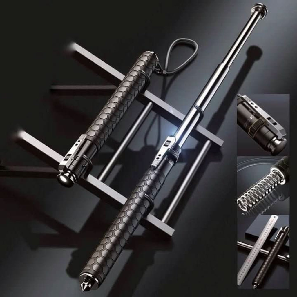 Metal baton with textured handle on a dark background
