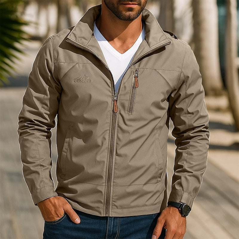 Men's outdoor jacket with stand-up collar, full zip, long sleeves, khaki.