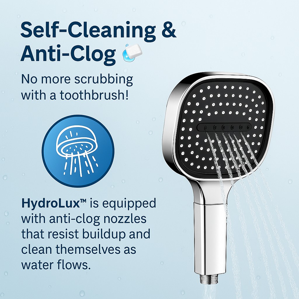 Shower head with anti-clog nozzles, water flowing over the round nozzle face