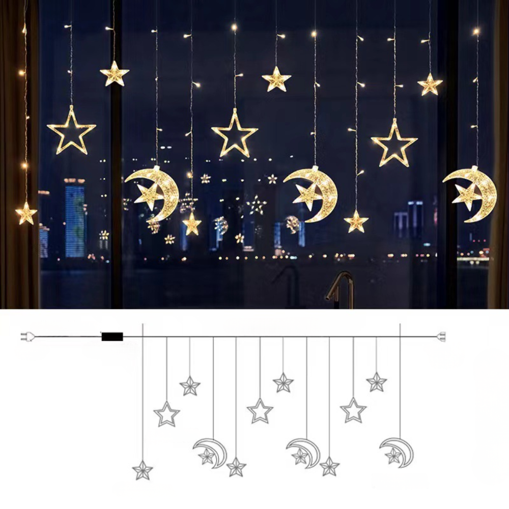 Warm white LED curtain lights with crescent moon and star ornaments, hanging across strings