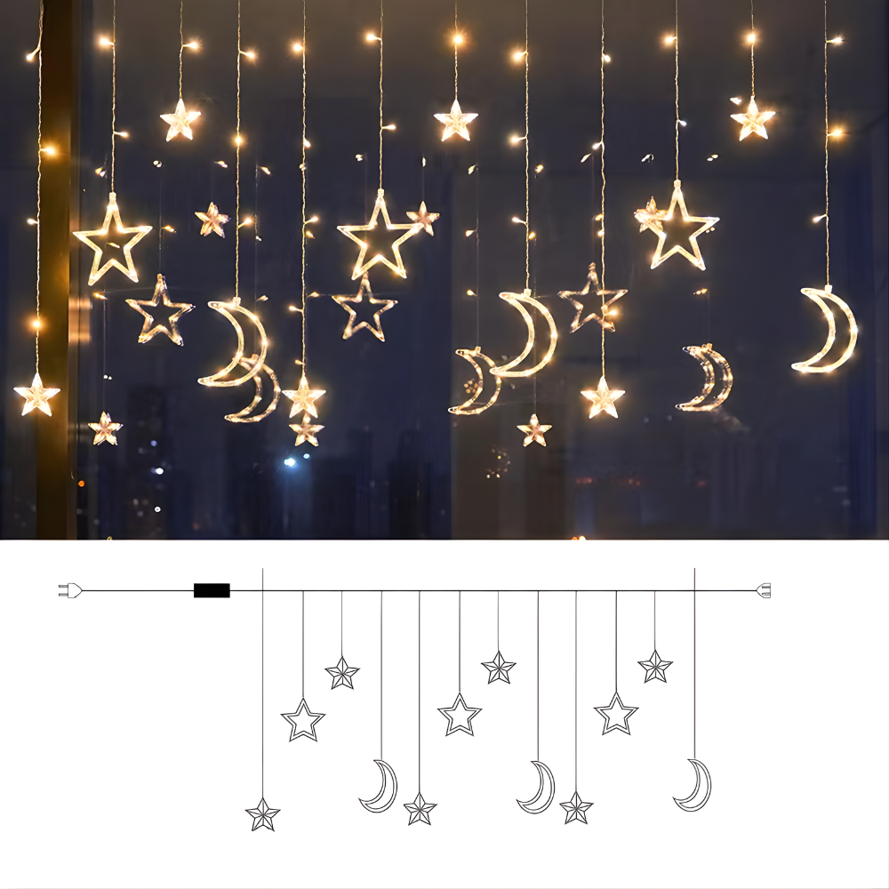 Warm white LED star and moon curtain lights with hanging crescent moons and star arrangement