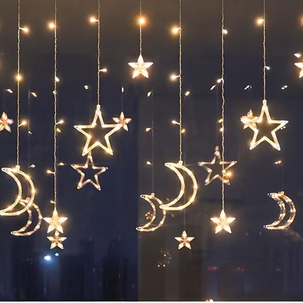 Warm white LED star and moon curtain lights with hanging crescent moons and glowing stars