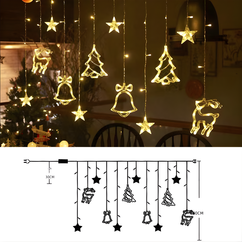 Warm white LED holiday curtain lights with hanging reindeer, bells, and pine tree ornaments
