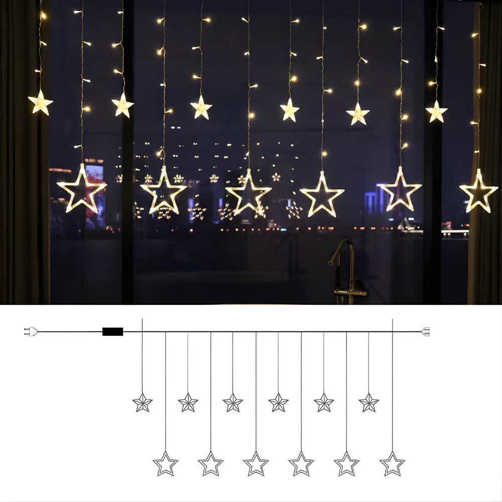 Warm white LED star curtain lights with hanging star ornaments and bright string lights