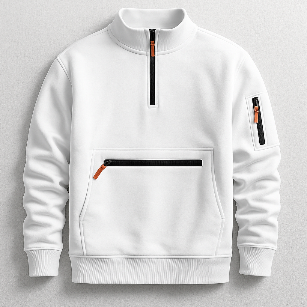 Men's white knit pullover with quarter-zip and front kangaroo pocket