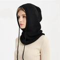 Black cashmere-blend knit beanie hood with ribbed edge and long drawstrings