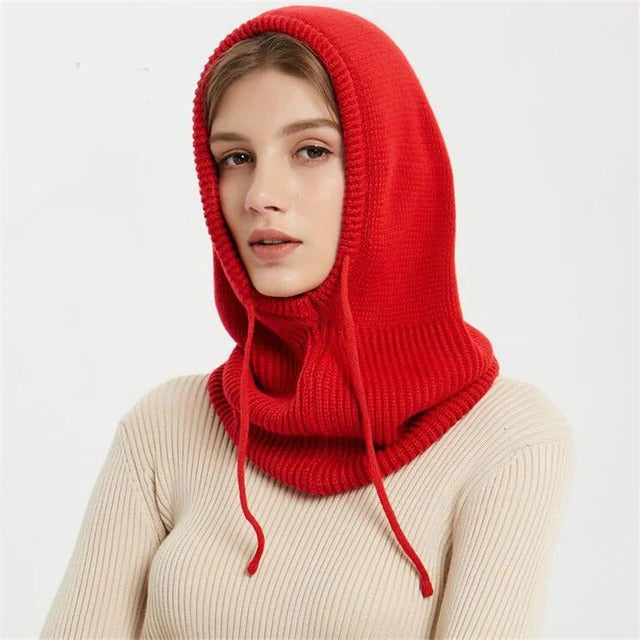 Red cashmere-blend knit beanie hood with ribbed knit and long drawstrings