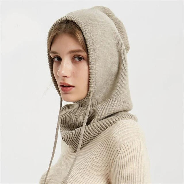 Tan cashmere-blend knit beanie hood with ribbed knit and hanging tie ends