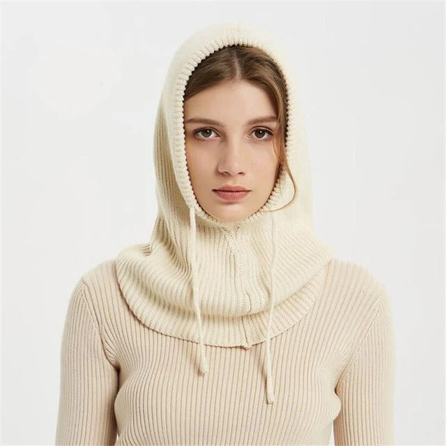 Beige cashmere-blend knit beanie hood with ribbed knit and hanging tie ends